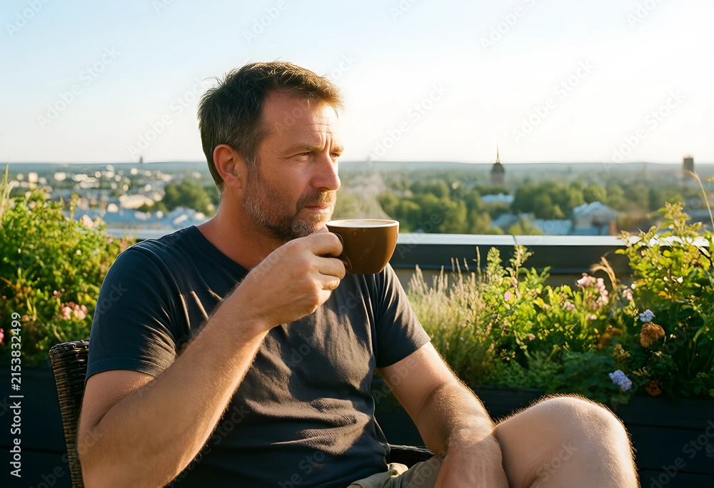 Fototapeta premium Mature man enjoying a hot drink on a rooftop terrace with city view, relaxation and leisure lifestyle, He is looking out over a city skyline with green trees and buildings under a clear sky