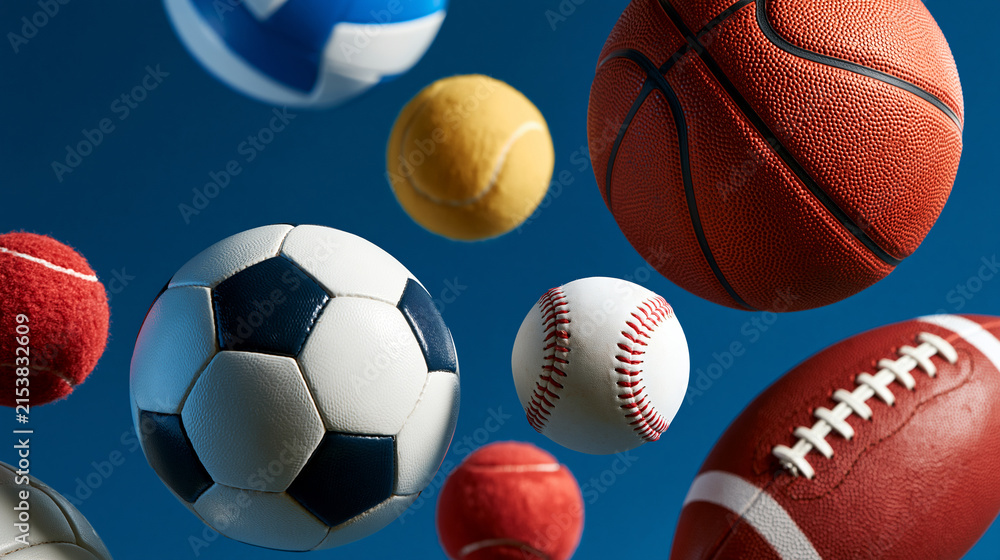 Fototapeta premium Floating various sports balls on a blue background. This composition represents athletic training and healthy.
