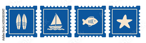 Four blue postage stamps displaying surfboards sailboat fish ocean starfish nautical icons.