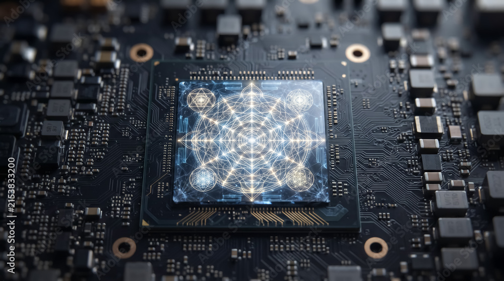 Fototapeta premium Abstract Geometric Pattern on Computer Chip: A close-up view of a central processor unit (CPU) on a circuit board, featuring a luminous, intricate geometric pattern glowing on its surface.