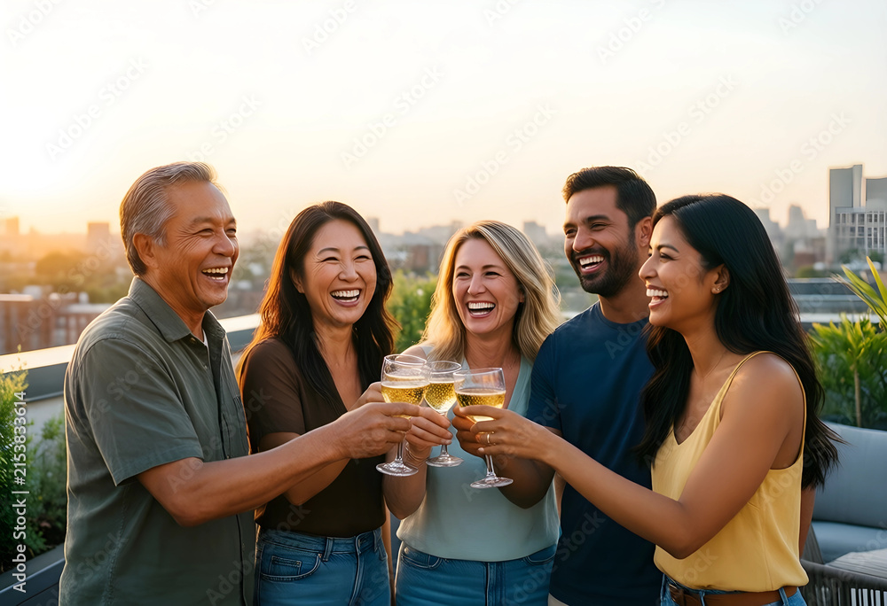 Obraz premium Diverse group of happy friends toasting with drinks on a rooftop at sunset, celebrating success and friendship, They are celebrating success and friendship