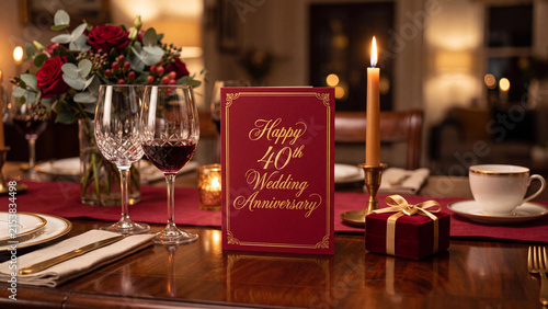 Candlelit dinner table set with roses and a 40th wedding anniversary card