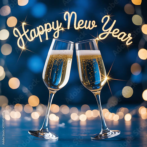 Happy New Year Celebration with Champagne Glasses and Festive Bokeh Lights