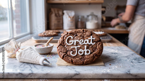 Great job chocolate cake on a marble counter in a rustic bakery kitchen