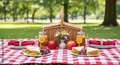 Delightful Picnic Scene - Sandwiches, Drinks, and a Basket on a Red and White Checkered Tablecloth.