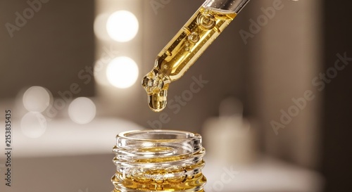 Dropper Dispensing Golden Oil into Glass Jar for Skincare Routine.