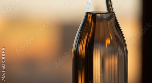 Elegant Glass Bottle with Liquid and Blurred Background at Sunset.