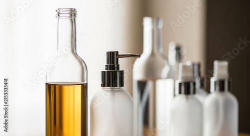 Elegant Glass Bottles Displaying Various Liquids and Sprays on a White Surface.
