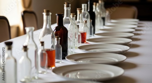 Elegant Table Setting with Bottles and Plates Ready for a Meal.