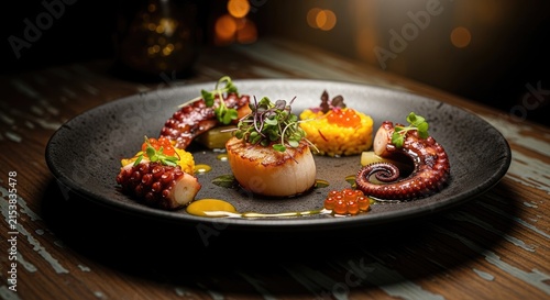 Exquisite Culinary Presentation - Grilled Octopus, Scallops, and Gourmet Cuisine.