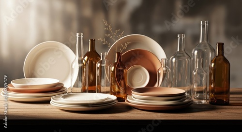 Elegant Table Setting with Plates, Bottles, and Glassware in Warm Light.