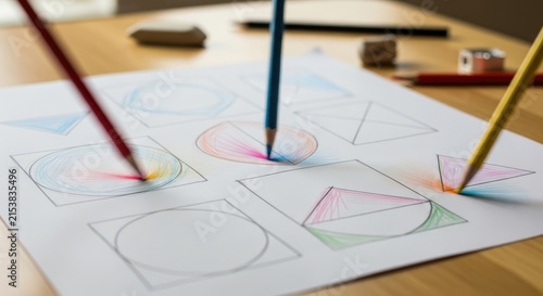 Geometric Shapes and Colorful Pencils Drawing.