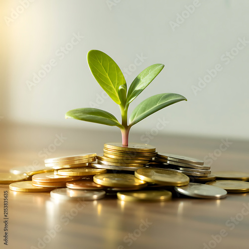 Young Plant Growing from Gold Coins Representing Financial Growth and Investment
