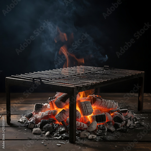 Traditional Charcoal Grill with Flames and Smoke Outdoors