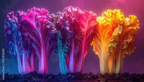 Vivid, stylized vegetables radiate color in a dark, earthy setting