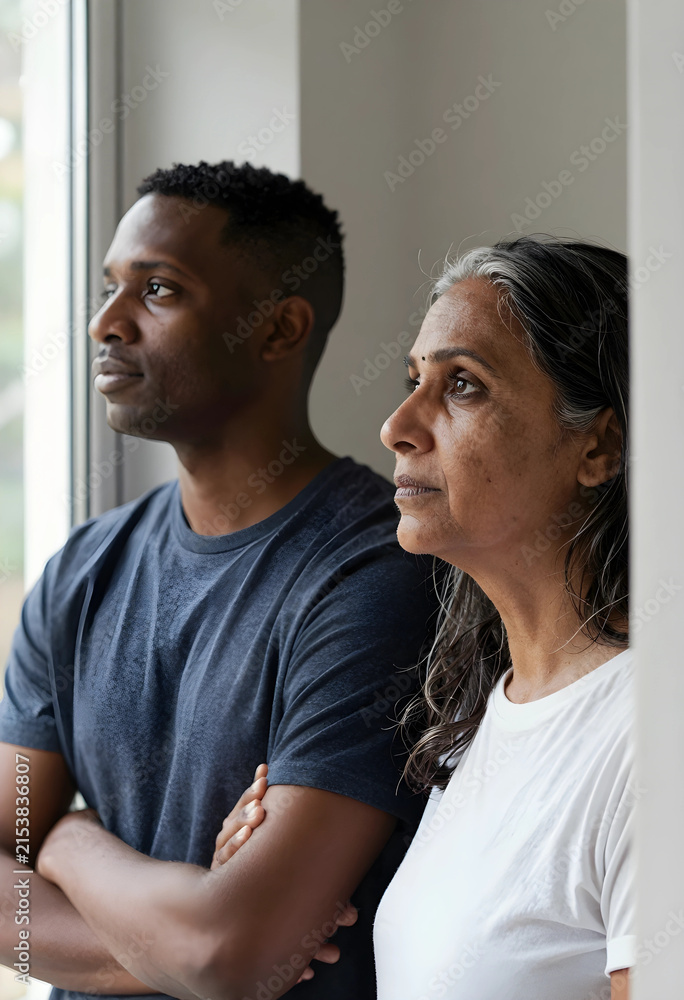 Fototapeta premium Thoughtful african american man and indian woman looking out window, Diverse family and contemplation