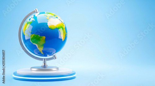 A vibrant globe rests on a futuristic podium against a soft blue background