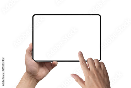 Person holding a tablet and touching the blank screen isolated on a white background