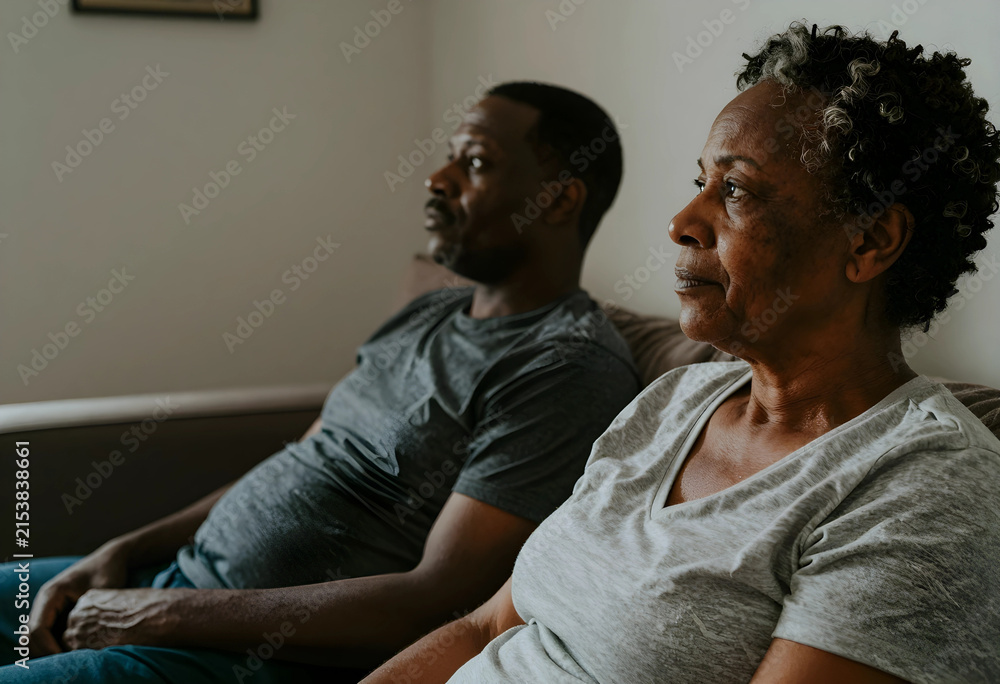 Obraz premium African american senior woman and man sitting on a couch, focused and engaged in a shared activity at home, the couple is watching television or a movie