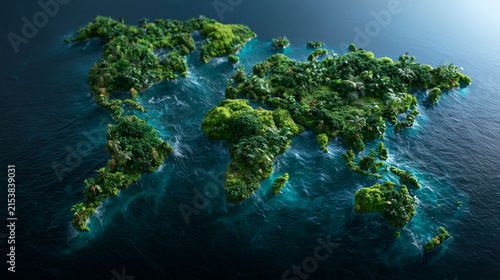 World Map Made of Lush Green Vegetation Floating on Water