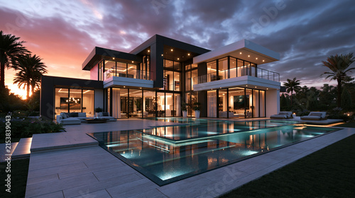 Modern Luxury Villa with Swimming Pool at Sunset