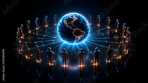 Futuristic global digital network with glowing nodes connecting human figures around an illuminated Earth in dark space