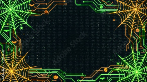 Cyberpunk Halloween Digital Background with Spiderwebs and Circuitry