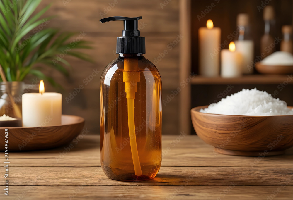Obraz premium Amber pump bottle with liquid soap on a rustic wooden table, surrounded by spa elements and flickering candles