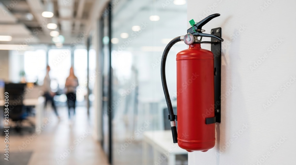 Obraz premium Red fire extinguisher mounted on a wall in a bright modern office corridor. Corporate building safety and emergency compliance concept. Blurred background with people talking