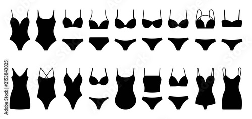 Obraz na plátně Lingerie Collection: A stylish assortment of women's intimate apparel, including bras, panties, bodysuits, and camisole dresses, presented in a clean, graphic illustration