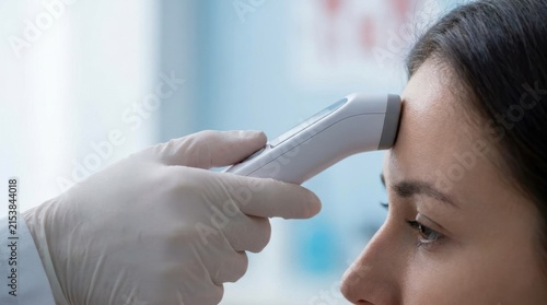 Young woman having her temperature measured with an infrared thermometer on her forehead by a doctor
