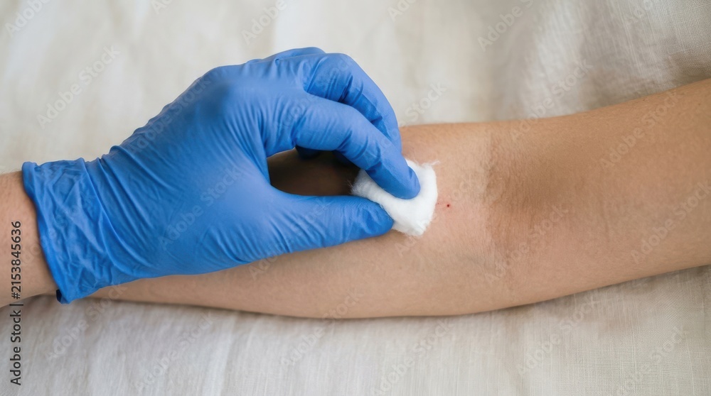 Fototapeta premium Medical professional in blue glove holding cotton ball on adult patient arm after blood draw