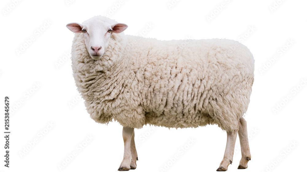 Obraz premium Fluffy white sheep with thick woolly fleece, isolated on transparent background