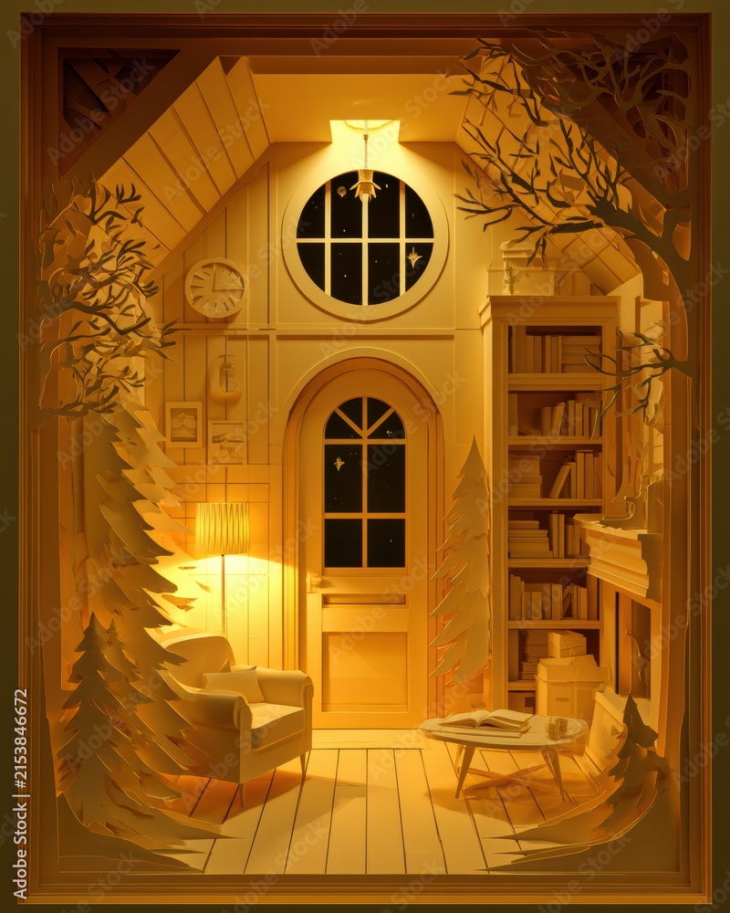 Obraz premium A cozy indoor space with furniture, a door, and stacked paper layers. Light shines through a window creating a warm atmosphere.