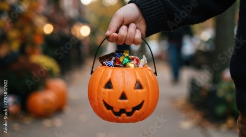 Child holding an orange jack-o-lantern candy bucket filled with sweets for trick or treating on Halloween