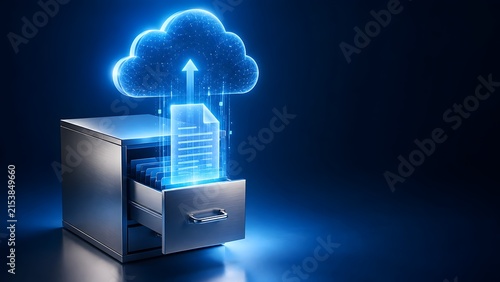 Glowing digital document uploading from a physical file cabinet into a neon cloud symbolizing secure online backup and digital transformation.