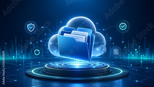 Futuristic cloud computing concept with a glowing 3D digital folder hologram floating on a tech platform symbolizing secure online data storage and synchronization.