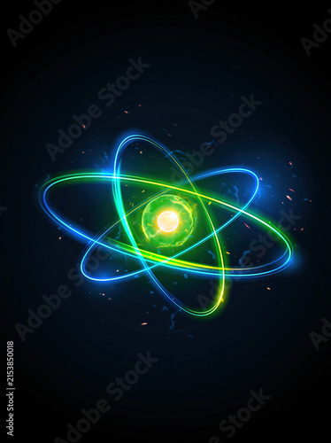 Glowing Atom with Blue and Green Electron Orbits and Energy Core on Black Background