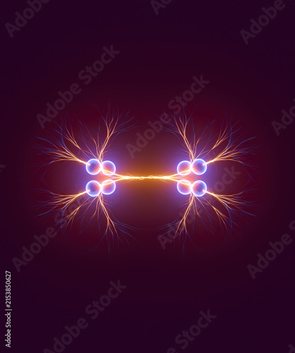 Electric Discharge Between Glowing Plasma Spheres with Lightning Arcs on Red Background