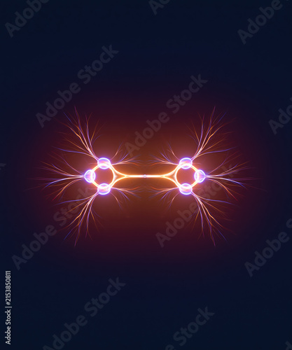 Electric Discharge Between Glowing Plasma Spheres with Lightning Arcs on Red Background