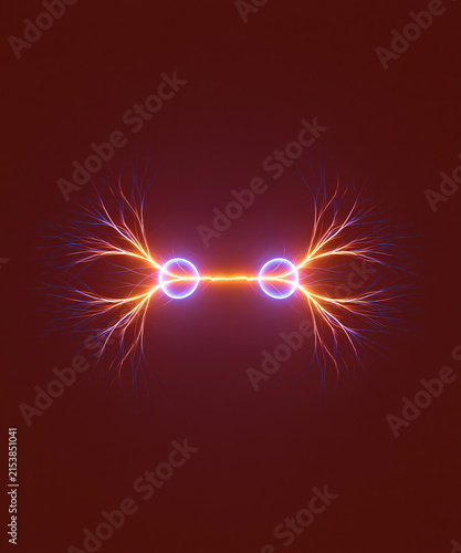 Electric Discharge Between Glowing Plasma Spheres with Lightning Arcs on Red Background
