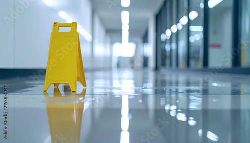 Yellow wet floor sign standing on a slippery hallway surface inside a modern commercial building with bright lighting background