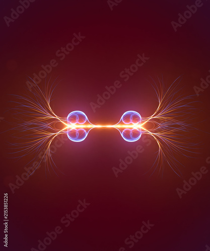 Electric Discharge Between Glowing Plasma Spheres with Lightning Arcs on Red Background