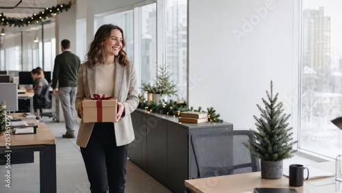 Businesswoman Holding Christmas Gift Box in Decorated Modern Office