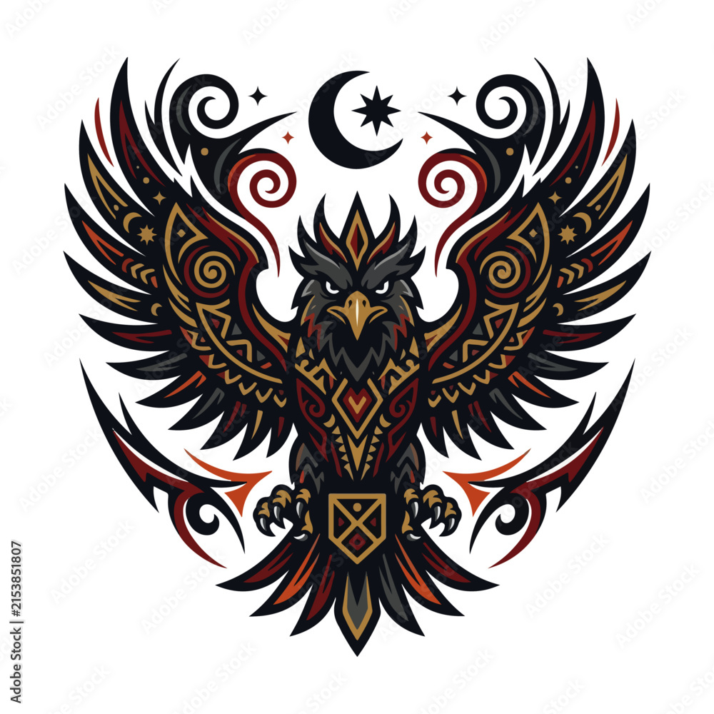 Fototapeta premium Tribal Eagle Emblem Vector Illustration with Crescent Moon Celestial Tattoo Design