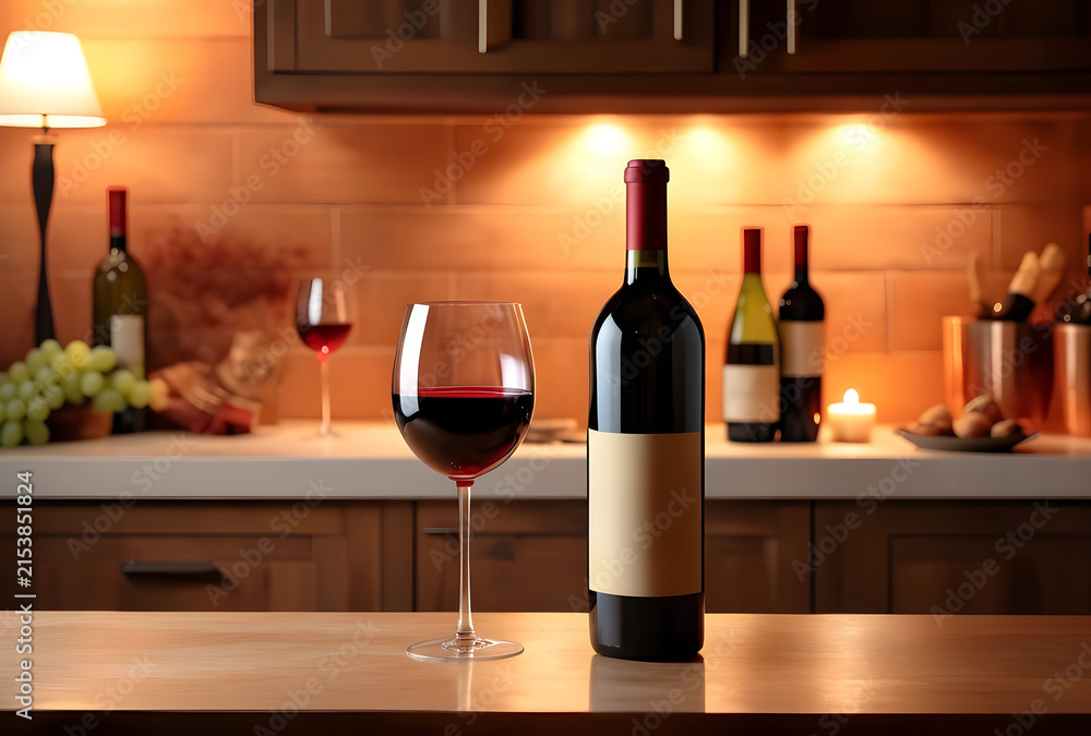 Obraz premium Red wine bottle and glass on a wooden counter in a warm kitchen setting with blurred background