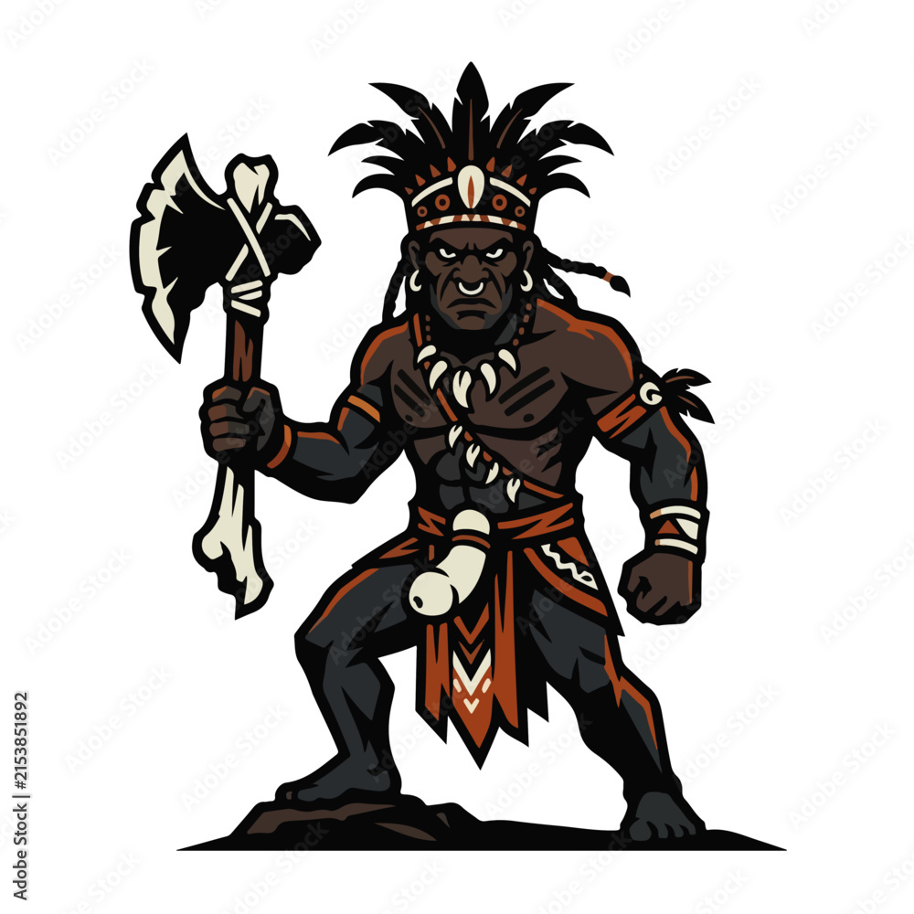 Fototapeta premium Tribal Warrior Mascot Character Holding Battle Axe Vector Illustration