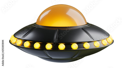 Konstfotografi Black flying saucer with glowing yellow lights and dome, isolated on transparent