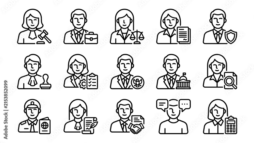 Fototapeta premium Diverse professional headshots with icons representing various occupations and legal fields