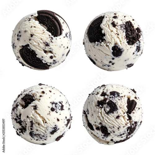 Cookies and cream ice cream scoops showing delicious chocolate biscuit pieces and creamy vanilla texture  